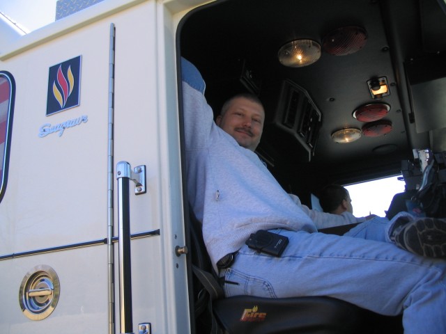 Deputy Chief Kidwell chills in the cab of Hughesville Tanker 2 